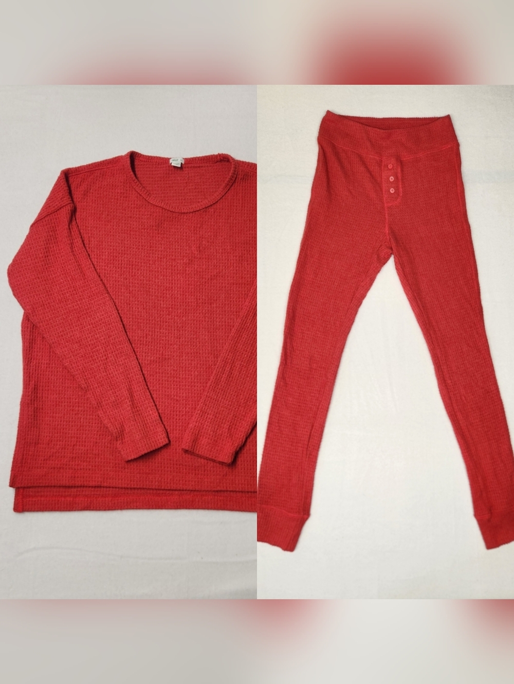 Aerie Waffle Pajama Set S Cherry Red Crewneck Leggings 2 Pc Loungewear Soft Cozy